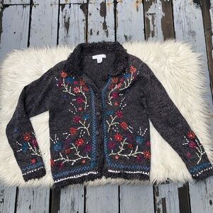 Vintage Arriviste Artsy Boho Grunge Embroidered Floral Grey Sweater Cardigan S